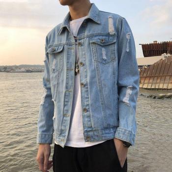 Bomber Hole Thin Ripped Denim Jacket Spring Autumn Male Cowboy Jeans Jackets Coat Mens Trendy