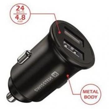 SWISSTEN auto nabíječka 2x USB 4,8A metal černá