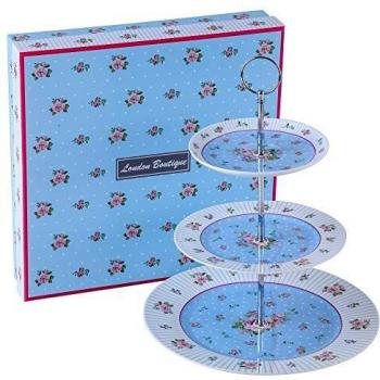 Three-tier cake plate stand made of porcelain, vintage, and floral design with a blue color scheme in gift box
