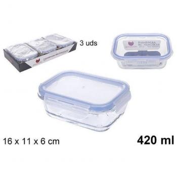 Set 3pz Contenitori Vetro 420ml Con Coperchio Plastica