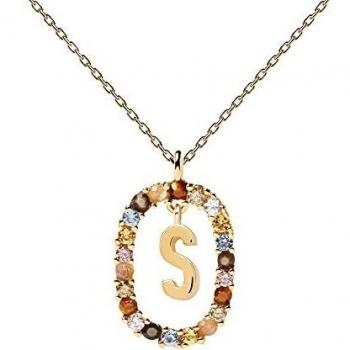 PDPAOLA Collar Letra S Plata Baño oro 18kt. piedras colores