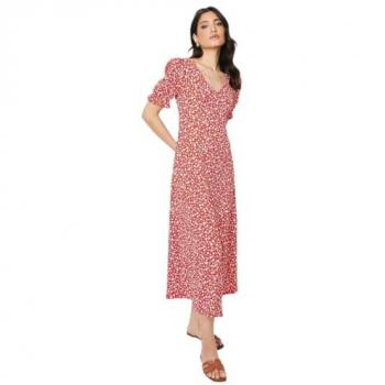 Womens Red Floral V Neck Midi Dress