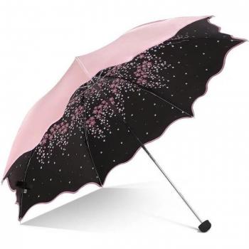 Damen Regenschirm Prinzessin Kirsche 3-Falt Sonnenschirm Anti-UV Blumenmuster