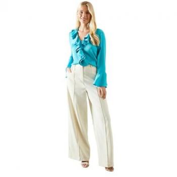 Wallis Petite Stripe Ruffle Blouse in Teal (Size 16)