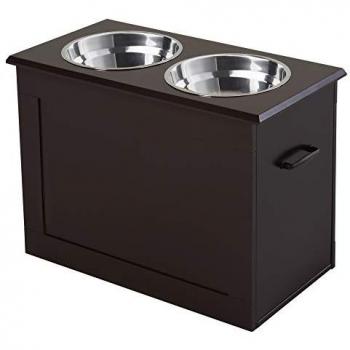 Porte-gamelles surélevé avec 2 gamelles en acier inox et coffre MDF chocolat 60 x 30 x 41 cm