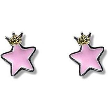 Pendientes niña plata Ley 925m 5mm estrella esmaltada rosa con corona dorada tornillo