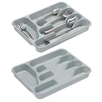 Plastic Cutlery Tray with 5 Compartments, Set of 2, Grey Drawer Organizer