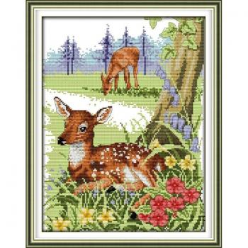 Joy Sunday Fawn Animal Pattern Cross Stitch Kit – DIY Hand Embroidery, Aida 14ct, 11ct Counting Canvas Fabric for Home Décor