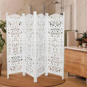 4 Panel Carved Wooden Room Divider Screen Leaves Design