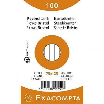 Exacompta 10851x 100 Fiches Bristol 7,5 x 12,5 cm ligné Non perforées Couleurs Variées