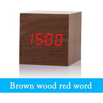 Square Retro Wood Digital LED Alarm Clock with Voice Control, Glow Feature, Desk Tool