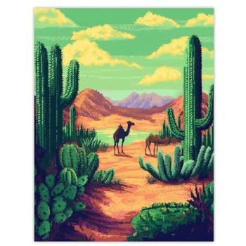 Cactus Caravan Pixel Art – Green Desert Scene, 12 by 16 inches