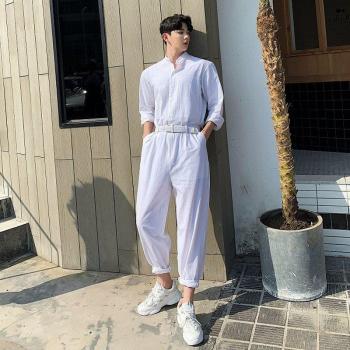 Men's Stand Collar White Cotton Overalls