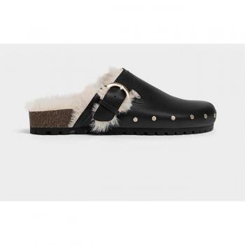 Stradivarius Leather Clogs with Buckles and Faux Fur