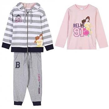 Chándal Infantil Disney Princess Gris 3 Piezas con Sudadera, Pantalón de Chándal y Camiseta Manga Larga, Licencia Oficial