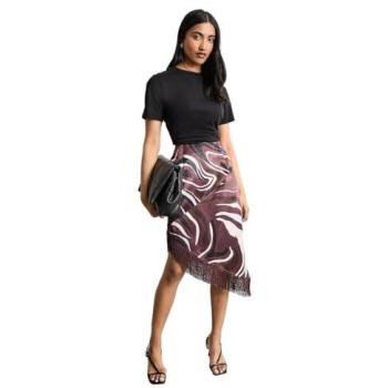 Mid‑Length Chocolate Abstract Printed Satiny Skirt – Women, Size 6