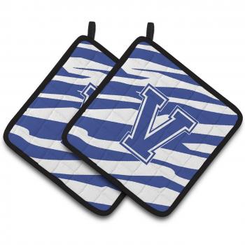 Caroline's Treasures Monogram Initial V Tiger Stripe Blue & White Kitchen Pot Holders
