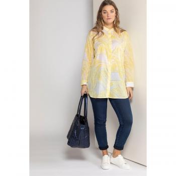Camicia Donna, Maniche Lunghe, Gialla, Stampa Foglie, Taglia 64/66, Cotone