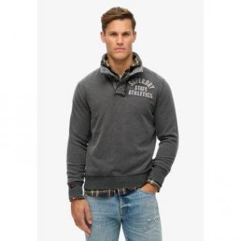 Superdry Hommes Sweat vintage sportif à col tunisien noir-gris, logo brodé – taille L