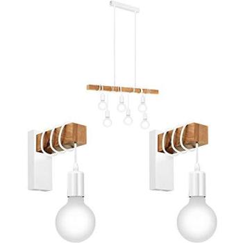 Chic White & Wood Multi‑Bulb Ceiling Pendant and Two Coordinated Wall Lights