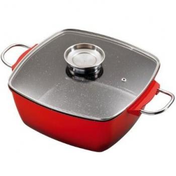 Aluguss Bräter 28 × 28 cm – roter Topf mit Glasdeckel, aromatischer Knopf