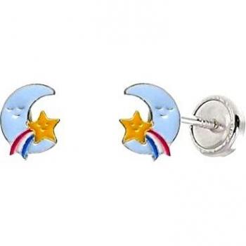 Pendientes de plata Ley 925m para niña 6 mm luna esmaltados color tornillo