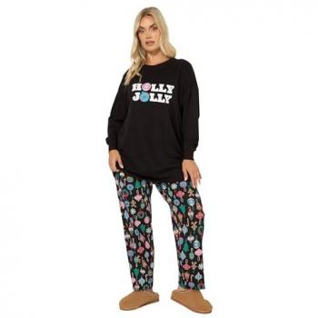 Set pyjama à manches longues et jambes larges, motif Holly Jolly – Yours Curve