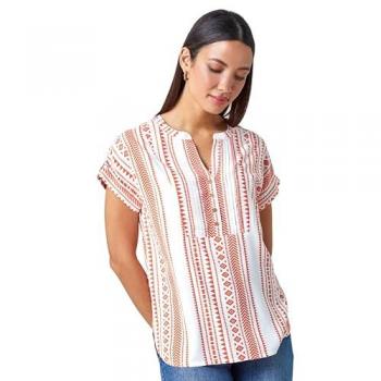 Aztec Print V-Neck Button Detail Tunic Top for Women