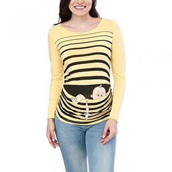 M.M.C. Maternity‑Top „Baby Flucht“ – kurzärmlig, Gelbfarbe, grafisches Design