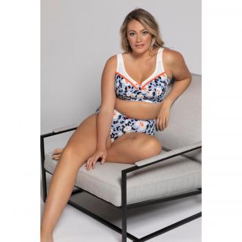 Wirefree Support Bra for Plus Size Women, Floral Leopard Print, Blue, Size 48D, Synthetic Fibers