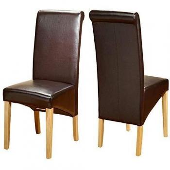 Solid Wood Leg Faux Leather Dining Chairs – Brown Pair