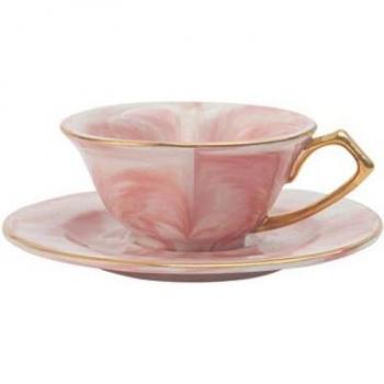 2PCS Marbled Ceramic Mug Saucer Set with Gold Accents