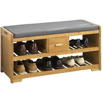 SoBuy Bamboo Shoe Storage Bench with Cushion and Drawer