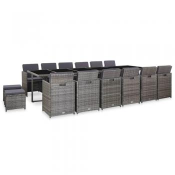 Set da Pranzo da Giardino 17 pz con Cuscini in Polyrattan Grigio