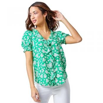 Romantic Green Ditsy Print Ruffled Shirt – UK 10
