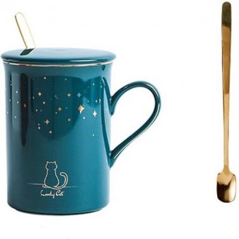 Taza de Café de Porcelana con Cuchara, 320mL, Diseño Estrellado y Tapa