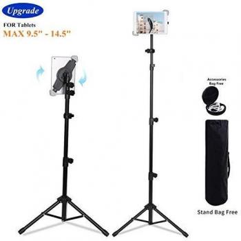 Floor Tablet Tripod Holder with Rotatable Arm and Height Adjustment for 9.5” to 14.5” Tablets, Includes Travel Bag