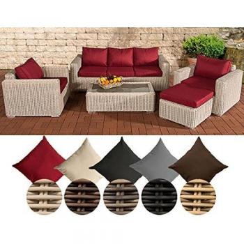 Garten-Set Polyrattan MADEIRA – 3‑Sitz-Sofa, 2 Sessel, Tisch & Hocker (Rauchrot/Perlweiß)