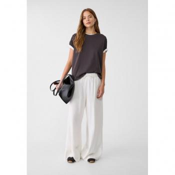Wide-leg Linen Blend Trousers with Elastic Waistband Ecru S