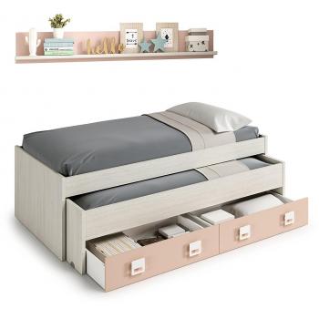 Letto matrimoniale Habitdesign con cassetti e mensola rosa pastello