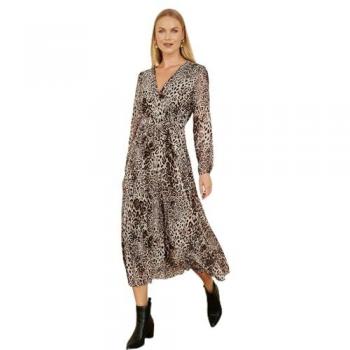 Yumi Women’s Brown Leopard Print Pleated Long Sleeve Wrap Midi Dress – UK 8