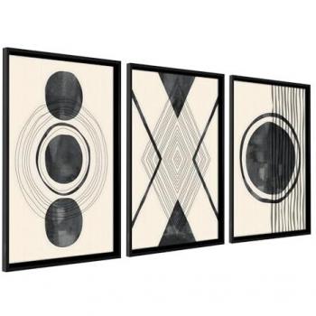 Decoración Salón Tríptica Geo‑Minimalista 50x70 cm con Marco Negro – DekoArte