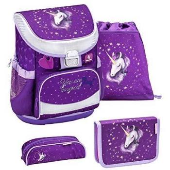 Belmil Schulranzen Set 4-teilig für Mädchen 1, 2 Klasse Grundschule/Super Leicht 750-800 g/Einhorn, Unicorn/Lila