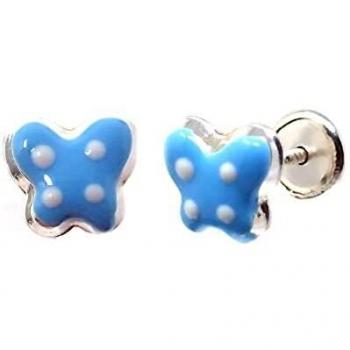 Pendientes mariposa esmaltada azul de plata Ley 925 para niña 7mm con tornillo