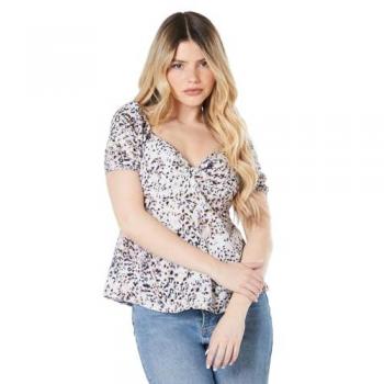 Ladies' Knot Front Puff Sleeve Animal Print Top
