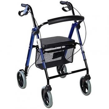 Déambulateur avec siège, dossier et freins, couleur bleue