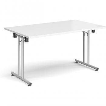 White Rectangular Folding Table with Silver Legs and Straight Foot Rails