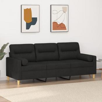 Canapé Noir 3 Places Torana – 180 cm, tissu, oreillers décoratifs