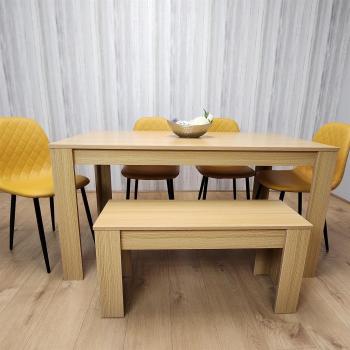 Oak effect dining table with 4 mustard gem design chairs and bench from Kosy Koala