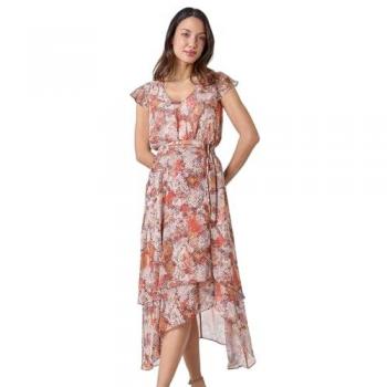 Roman Women's Comfy V-Neck Snake Print Tiered Midi Dress